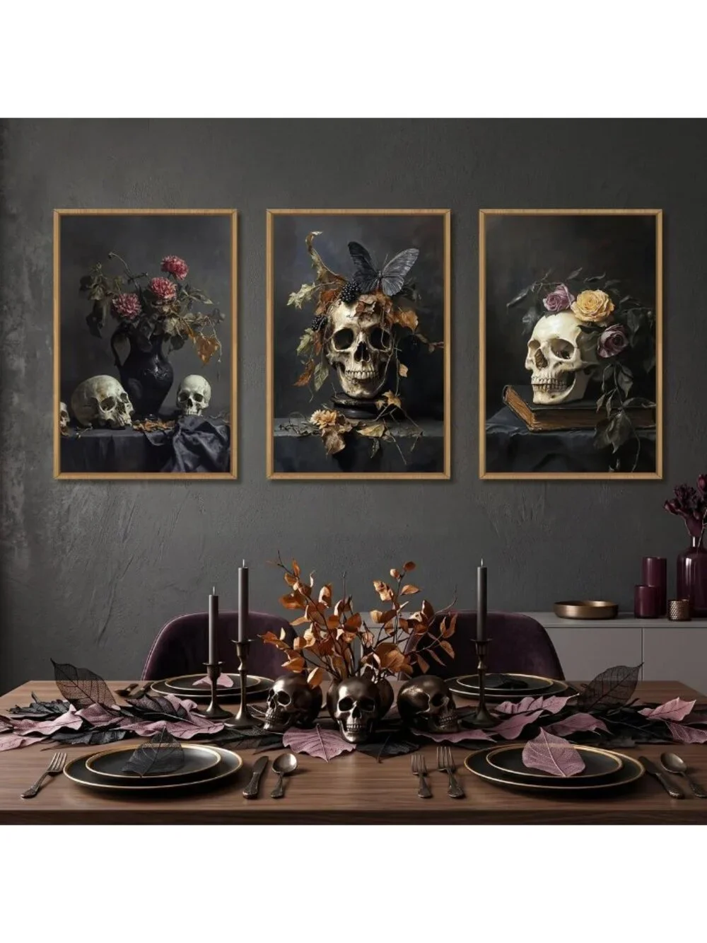 Large Vintage Skull Floral Canvas Wall Art Set - Abstract Skeleton Decor for